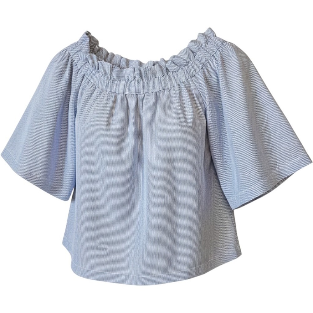H&M Blue White Pinstripe Off Shoulder Smocked Flutter Sleeve Blouse Size 10